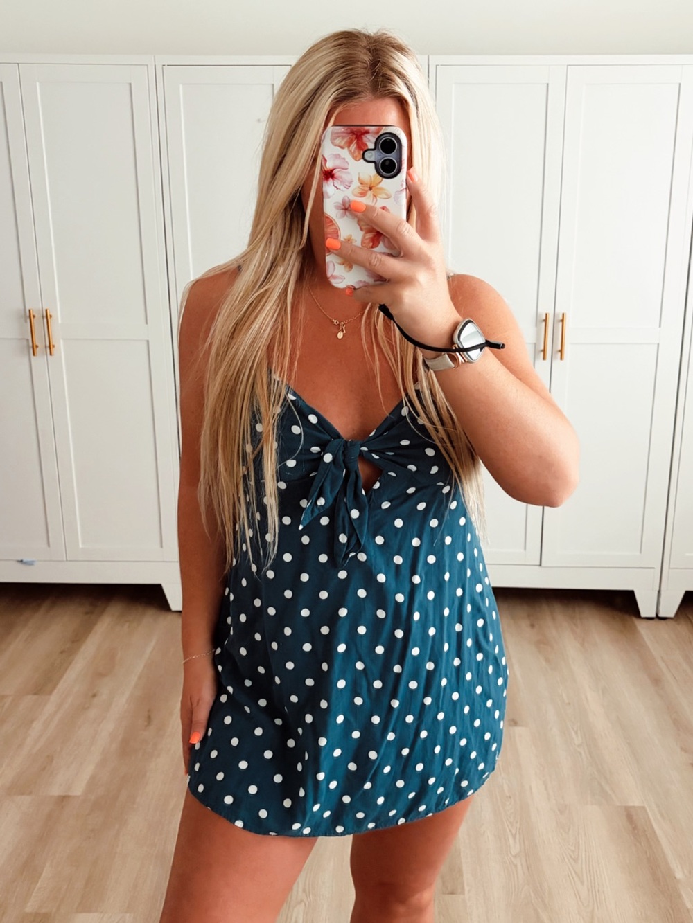 Motel blue and white polka dot front tie mini dress